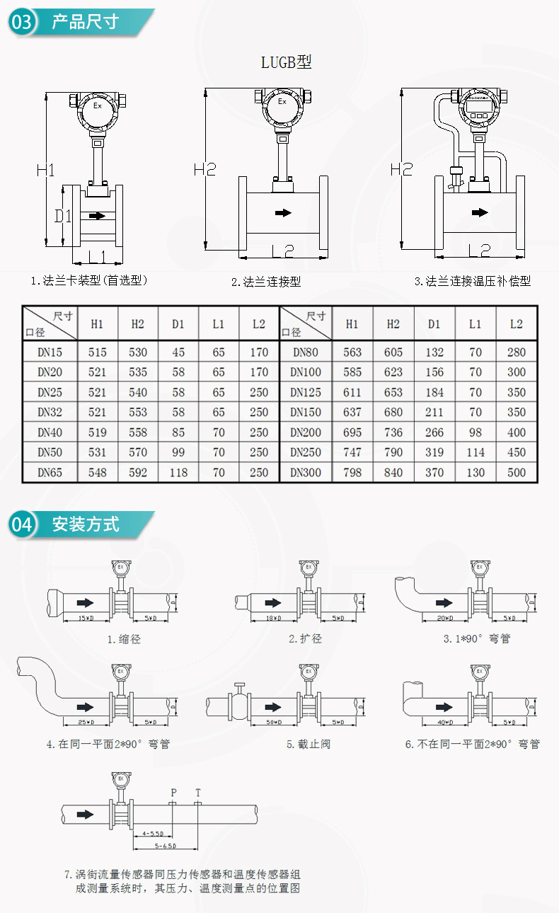 米科lugb-mik-c涡街流量计产品尺寸和安装